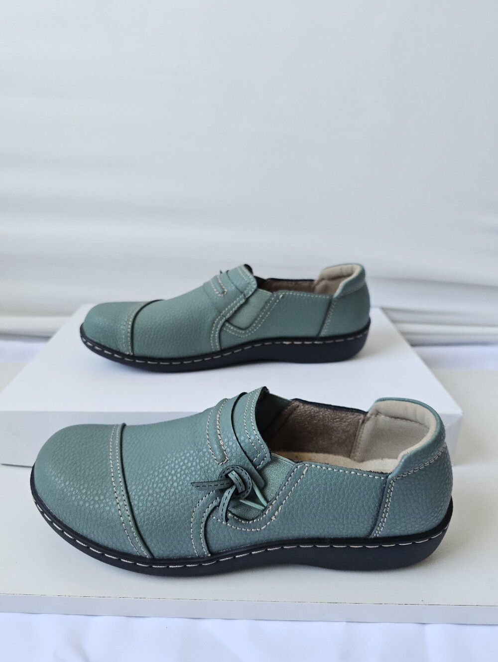 LAZYPOP Teal Green Leather Classic Comfort Loafers Slip-On Shoes - Women's Size